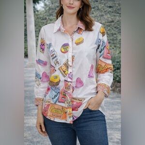 Tizzie Novelty Snack Print Button Down Shirt Women’s Size L Fun Graphic Top